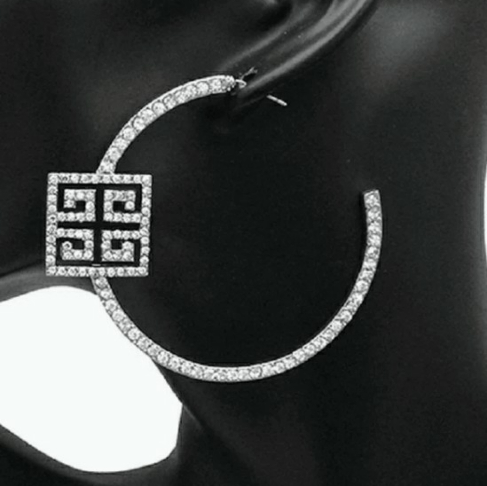 Gold Greek Design Rhinestone Crystal Hoop Earrings